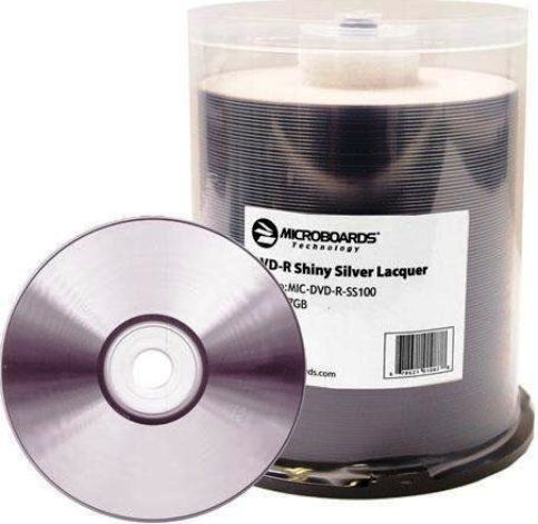 Microboards MIC-DVD-R-SS100 Silver Lacquer Printable DVD-R, DVD-R - Grade B Format, 4.7 MB Capacity, Up to 16x Speed, Thermal Surface, Single Double/Single-Sided, Scratch Resistant, Printable, 100 disc spindle, From inner circle 1.42
