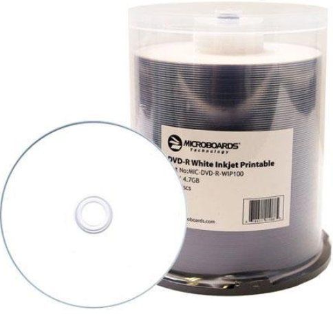 Microboards MIC-DVD-R-WIP100 White Inkjet Hub Printable DVD-R, DVD-R - Grade B Format, 4.7 MB Capacity, Up to 16x Speed, White inkjet Surface, Single Double/Single-Sided, Hub-printable, 100 disc spindle, From inner circle 0.67