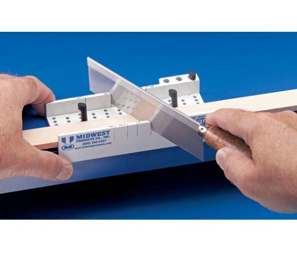 Midwest MW1136A Easy Miter Box with Saw; Molded miter box with 22.5 degrees, 30 degrees, 45 degrees and 90 degrees angle cuts; Designed for cutting stock up to .5