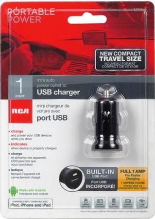 RCA MINIME Mini Auto Power Outlet to USB Charger; Charge and power your USB devices while you drive; Mounts flush to your dash for clutter-free anytime charging; Light indicates when device is properly charged; Maximum output 5v, 1000mA; Input 12-13.8V DC; UPC 044476104619 (MINI-ME MINI ME)