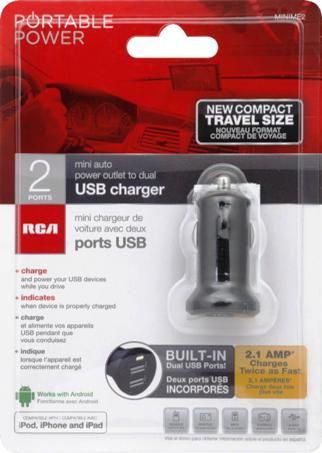RCA MINIME2 Mini Auto Power Outlet to Dual USB Charger; Charge and power your USB devices while you drive; Mounts flush to your dash for clutter-free anytime charging; Light indicates when device is properly charged; 2.1 Amp charges up to twice as fast; Maximum output 5v, 2100mA; Input 12-13.8V DC; UPC 044476104626 (MINI-ME2 MINIME-2 MINI-ME-2 MINI ME2)