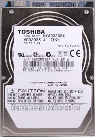 Toshiba MK6032GSX Hard Disk Drive 2.5-inch, 60GB of Storage capacity, 5400RPM Rotational Speed, Serial ATA interface, 150 MB/s data transfer rate, 8 MB buffer, 2ms Track-to-track Seek, 12ms Average Seek Time, Native Command Queuing, Low Power Consumption, Non-operation Shock of 850G, Lightweight (MK-6032GSX MK 6032GSX MK6032-GSX MK6032 GSX)