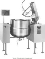 Cleveland MKDL-150-T  Direct Steam Mixer Kettle - 150 Gallon Tilting 2/3 Steam Jacketed , 150 gallon kettle, 15 Amps, 60 Hertz, 3 Phase, 108/240 Voltage, Mixer Features, Floor Model Installation, Partial Kettle Jacket, 1.25" Steam Inlet Size, Tilting Style, Single Kettle, 3/4" Water Inlet Size, 3" diameter quick-opening butterfly valve, 3 hp agitator, scraper, and bridge lift; 108/240V, 50 PSI steam jacket rating, UPC 400010765577 (MKDL-150-T MKDL 150 T MKDL150T) 