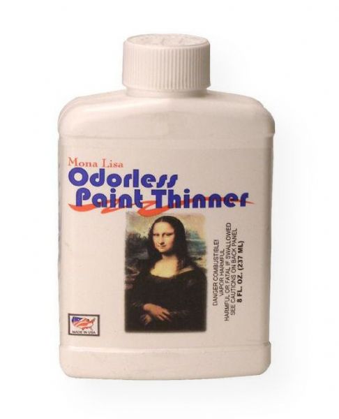 Mona Lisa ML190008 Odorless Thinner 8 oz; A versatile, multi-purpose thinner for use on all types of oil paints, varnishes, and enamels; This product is a brush accessory and degreaser; Preferred for its low odor and low toxic levels; Spill-proof, shatter-proof packaging; Shipping Weight 0.5 lb; Shipping Dimensions 1.5 x 3.25 x 5.25 in; UPC 081093900088 (MONALISAML190008 MONALISA-ML190008 MONALISA/ML190008 ARTWORK PAINTING CRAFTS)