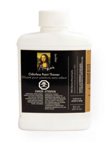 Mona Lisa ML190008CN Odorless Thinner 8 oz (Canadian Labeling); A versatile, multi-purpose thinner for use on all types of oil paints, varnishes, and enamels; This product is a brush accessory and degreaser; Preferred for its low odor and low toxic levels; Spill-proof, shatter-proof packaging; Labeled for Canada; Shipping Weight 0.5 lb; Shipping Dimensions 1.5 x 3.25 x 5.25 in; UPC 081093190083 (MONALISAML190008CN MONALISA-ML190008CN MONALISA/ML190008CN ARTWORK PAINTING CRAFTS)