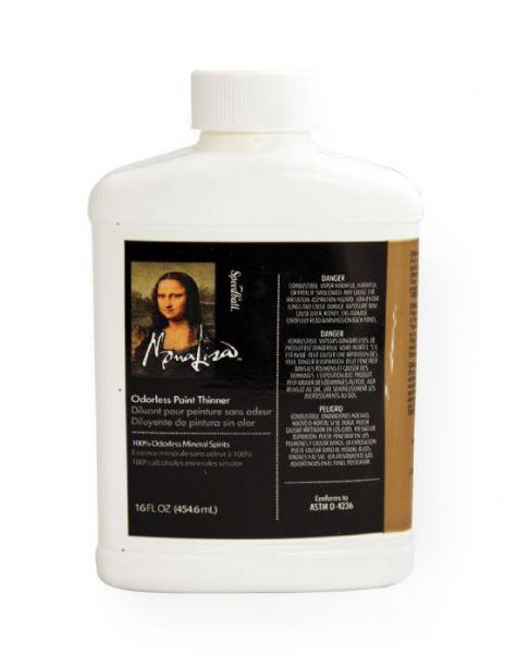Mona Lisa ML190016CN Odorless Thinner 16 oz (Canadian Labeling); A versatile, multi-purpose thinner for use on all types of oil paints, varnishes, and enamels; This product is a brush accessory and degreaser; Preferred for its low odor and low toxic levels; Spill-proof, shatter-proof packaging; Labeled for Canada; Shipping Weight 0.9 lb; Shipping Dimensions 2.00 x 4.00 x 6.25 in; UPC 081093190168 (MONALISAML190016CN MONALISA-ML190016CN MONALISA/ML190016CN ARTWORK)