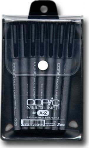 Copic MLA2 Multiliner (Disposable), 7-Piece Black Pen Set (No Brush); These precision drawing pens contain permanent, waterproof, pigment-based ink that will not bleed into Copic markers; Disposable, plastic barrel, available in a variety of sizes, including unique brush tips, to offer distinctive line variation; UPC COPICMLA2 (COPICMLA2 COPIC MLA2 MLA 2 COPIC-MLA2 MLA-2)
