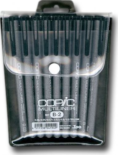 Copic MLB2 Multiliner (Disposable), 9-Piece Black Pen Set (Includes 2 Brush); These precision drawing pens contain permanent, waterproof, pigment-based ink that will not bleed into Copic markers; Disposable, plastic barrel, available in a variety of sizes, including unique brush tips, to offer distinctive line variation; UPC COPICMLB2 (COPICMLB2 COPIC MLB2 MLB 2 COPIC-MLB2 MLB-2)