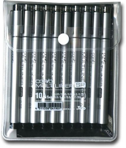Copic MLSP10A Multiliner SP, Black Pen Set; Waterproof, pigment based, refillable pens with replaceable nibs; Each pen is made from durable aluminum; Compatible with Copic markers; Dimensions 5.75