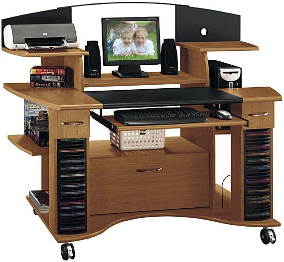 Bush MM50500-03 Comfort Zone Cart Lift Cherry - Galaxy Jagger Collection, Height-adjustable monitor and CPU shelves offer greater comfort and utility; Various shelves and open storage spaces; Two small box drawers for concealed supply storage (MM50500 03 MM5050003 MM50500 MM-50500 MM 50500 MM5050 MM505)
