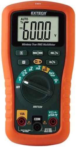 Extech MM750W Wireless Datalogging CAT IV True RMS Multimeter, Wireless DMM Function with Bluetooth Datalogging Module Transmits Readings to iOS and Android Devices for Remote Viewing Using the Free App, Type K Temperature Function, 6000 Count Backlit LCD Display, 0.6% Basic DCV Accuracy, Built-in Non-contact AC Voltage Detector (NCV), UPC 793950387504 (MM-750W MM 750W MM750-W MM750)