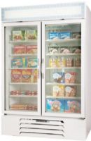 Beverage Air MMF44-1-W-LED Marketmax Hinged Glass Two Door Freezer Merchandiser, White; 45 cu.ft. capacity; 3/4 Horsepower; 60" Depth with Door Open 90°; LED lighting provides hidden light source for increased product visibility; Brightly lighted sign panel used for merchandising and storage of frozen food, frozen novelty items and cold product (MMF441WLED MMF441-WLED MMF44-1W-LED MMF44-1-W MMF44) 