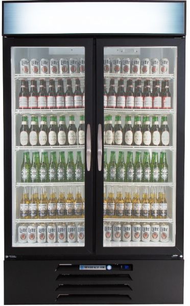 Beverage Air MMR44HC-1-B Black Marketmax Refrigerated Glass Door Merchandiser with LED Lighting, 45 cu. ft. Capacity, 8.8 Amps, 60 Hertz, 1 Phase, 115 Voltage, 1/3 HP Horsepower, 2 Number of Doors, 10 Number of Shelves, 1 Sections, 36 - 38 F Temperature Range, 44