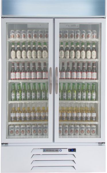 Beverage Air MMR44HC-1-W White Marketmax Refrigerated Glass Door Merchandiser with LED Lighting, 45 cu. ft. Capacity, 8.8 Amps, 60 Hertz, 1 Phase, 115 Voltage, 1/3 HP Horsepower, 2 Number of Doors, 10 Number of Shelves, 1 Sections, 36 - 38 F Temperature Range, 44