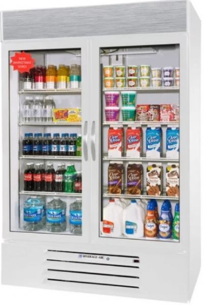 Beverage Air MMR49HC-1-W White Marketmax Refrigerated Glass Door Merchandiser with LED Lighting, 49 cu. ft. Capacity, 8.8 Amps, 60 Hertz, 1 Phase, 115 Voltage, 1/3 HP Horsepower, 2 Number of Doors, 10 Number of Shelves, 1 Sections, 36 - 38 F Temperature Range, 49