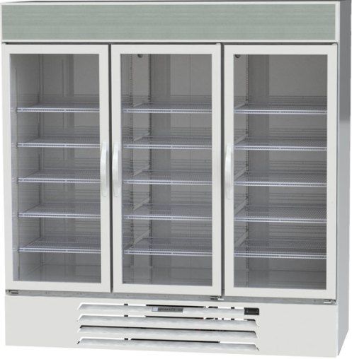 Beverage Air MMR72HC-1-W White Marketmax Refrigerated Glass Door Merchandiser with LED Lighting, 72 cu. ft. Capacity, 9.9 Amps, 60 Hertz, 1 Phase, 115 Voltage, 1/2 HP Horsepower, 3 Number of Doors, 15 Number of Shelves, 1 Sections, 36 - 38 F Temperature Range, 72