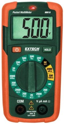 Extech MN10 Pocket MultiMeter with Built-in Non-Contact Voltage (NCV) Detector; Manual Ranging Multimeter with 2000 Count Display; Built-in Non-contact Voltage Detector for Quick Detection of Live Circuits; AC/DC Voltage Measures Up to 500V; Functions Include AC/DC Voltage, DC Current, Resistance, and Diode Test; Test the Quality of 9V Batteries; UPC 793950782101 (MN-10 MN 10)