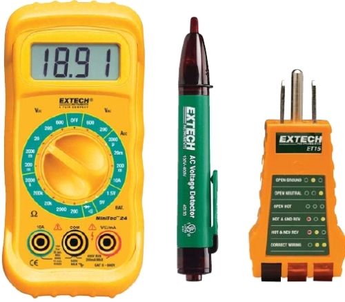 Extech MN24-KIT Electrical Test Kit, Includes: MN24 Manual Ranging CAT II-600V MiniTec MultiMeter with 7 functions including 1.5V and 9V Battery tests under load, 40130 Non-Contact Voltage Detector detects AC Voltage from 100VAC to 600VAC without touching the source, ET15 Receptacle Tester tests for faulty wiring in 3-wire receptacles and detects five wiring faults, UPC 793950383162 (MN24KIT MN24 KIT MN-24-KIT MN 24-KIT)