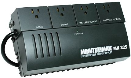 Minuteman MN 325 325 VA Standby UPS with 4 outlets - 2 UPS and 2 surge-only, Power management software to safely close files and shutdown computer, Transformer-friendly spacing of outlets for connecting multiple AC adapters, Over Current Protected   (MN325   MN-325   MN 32  MN-32)