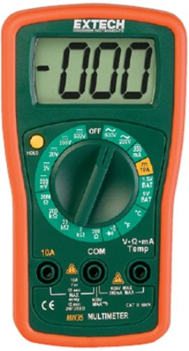 Extech MN35 Manual Ranging Mini MultiMeter, Large easy to read digital display, Measure AC and DC Voltage to 600V, DC Current function to 10A, Thermocouple Temperature measurements to 1400F (750C), Resistance tests with Continuity and Diode functions, Manual ranging with 9V and 1.5V Battery test, UPC 793950380352 (MN-35 MN 35)