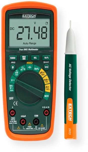  Extech MN62-K True RMS Multimeter with AC Voltage Detector Kit; MN62 True RMS Multimeter; True RMS for accurate readings of noisy, distorted or non sinusoidal waveform; VFC Low pass filter for accurate measurement of variable frequency drive signals; 10 functions including Frequency and Capacitance; Built in non contact voltage detection with audible beeper indication; UPC 793950386224 (MN62-K MN62K MULTIMETER-MN62-K EXTECHMN62-K EXTECH-MN62-K EXTECH-MN62K)