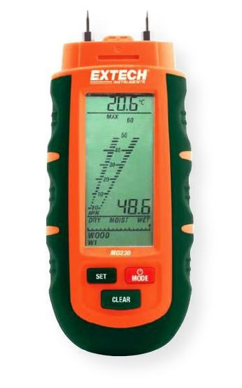 Extech MO230 Pocket Moisture Meter; Displays moisture in wood and other building materials plus Air Temperature and Relative Humidity; Simultaneous digital readout of moisture content plus ambient temperature or humidity with analog bargraph display of moisture, Max moisture values, and programmable wet/dry indication; UPC 793950472309 (MO-230 MO 230)