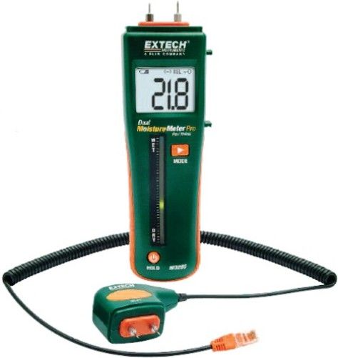 Extech MO265 Combination Pin/Pinless Moisture Meter; Choice of measuring moisture in wood and other building materials with pinless technology or use traditional remote pin probe (included); percent WME (wood moisture equivalent) pin moisture reading; Relative pinless moisture reading for non-invasive measurement; Digital LCD readout with backlighting feature and tri-color LED bargraph; UPC 793950472651 (EXTECHMO265 EXTECH MO265 MOISTURE PINLESS)