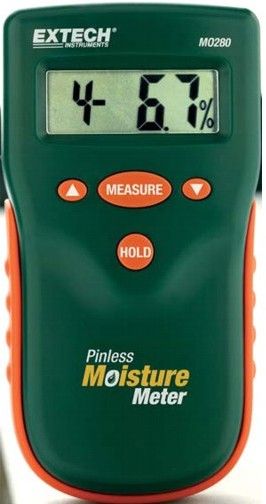 Extech MO280 Pinless Moisture Meter, Quickly indicates the moisture content of materials, Select from 10 wood types and measurement ranges, LCD displays % moisture of wood or material being tested, Measurement depth to 0.75