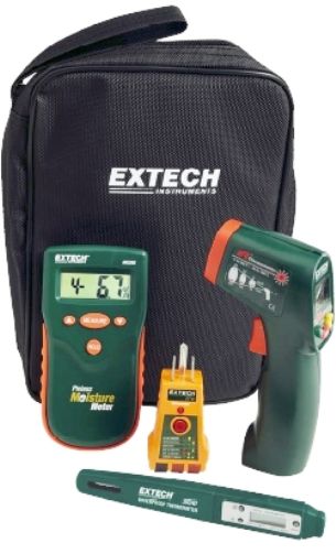 Extech MO280-KH Home Inspector Kit, Kit Includes: MO280 Pinless moisture meter, 42500 Mini IR Thermometer, ET10 GFCI Receptacle Tester, 39240 Waterproof Stem Thermometer, Supplied in an attractive storage case that provides protection and organization for the testers whenever they are needed, UPC 793950482803 (MO280KH MO280 KH MO280K MO280-K)