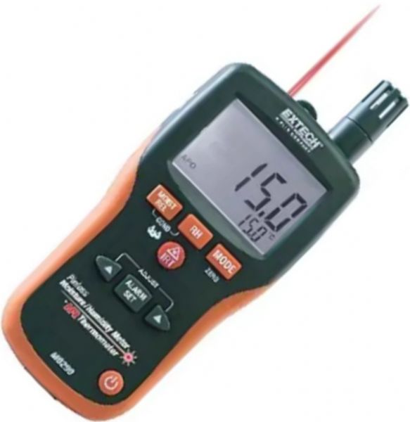 Extect MO290 Pinless Moisture Psychrometer + IR, 8-in-1 Meter with Built-in IR Thermometer; Measure Humidity, Air Temperature (with built-in probe) plus non-contact InfraRed Temperature; Pinless moisture sensor allows to monitor moisture in wood and other building materials with no surface damage; Optional remote pin-type probe (MO290-P) allows for contact moisture readings (3ft. cable length); UPC: 793950492901 (EXTECHMO290 EXTECH MO290 PINLESS MOISTURE)