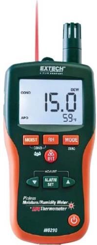 Extech MO290-NISTL Pinless Moisture Psychrometer + IR with Limited NIST Certificate; Measure Humidity, Air Temperature (with built-in probe) plus non-contact InfraRed Temperature; Pinless moisture sensor allows to monitor moisture in wood and other building materials with no surface damage; Pinless measurement depth to 0.75