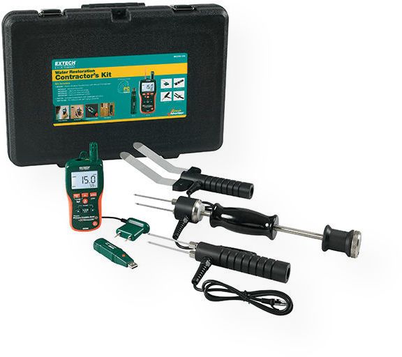 Extech MO290-RK Water Restoration Contractor Kit; A complete solution for the Restoration Contractor; MO290 - Pinless Moisture Psychrometer + InfraRed Thermometer; RHT10 - Humidity/Temperature USB Datalogger w/ GPP (g/kg) Calculation Supplied in a rugged heavy duty hard carrying case that provides protection and organization for the meters and accessories whenever they are needed; UPC 696394997035 (MO290RK EXTECH-MO290-RK EXTECH-MO290RK MO290/RK)