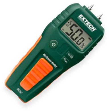 Extech MO50 Moisture Meter; Displays moisture level in wood and building materials such as wall board, sheet rock, cardboard, plaster, concrete, and mortar; Audible Alert tone rate beeps faster as the moisture level increases; Icons display low, medium and high levels of moisture content; Easy to use, compact sized design; UPC 793950470510 (MO50 MO-50 METER-MO50 EXTECHMO50 EXTECH-MO50 EXTECH-MO-50)