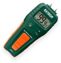 Extech MO55 Combination Pin Pinless Moisture Meter; Displays moisture level in wood and building materials such as wall board, sheet rock, cardboard, plaster, concrete, and mortar; Pinless moisture measurement depth to less than 1"; Audible Alert Tone rate beeps faster as the moisture level increases; Icons display low, medium and high levels of moisture content; UPC 793950475058 (MO55 MO-55 METER-MO55 EXTECHMO55 EXTECH-MO55 EXTECH-MO-55) 