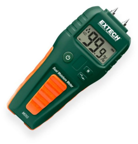 Extech MO55 Combination Pin Pinless Moisture Meter; Displays moisture level in wood and building materials such as wall board, sheet rock, cardboard, plaster, concrete, and mortar; Pinless moisture measurement depth to less than 1