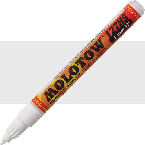 Molotow 127102 Extra Fine Tip, 1mm, Acrylic Pump Marker, Signal White; Premium, versatile acrylic-based hybrid paint markers that work on almost any surface for all techniques; Patented capillary system for the perfect paint flow coupled with the Flowmaster pump valve for active paint flow control makes these markers stand out against other brands; EAN 4250397600031 (MOLOTOW127102 MOLOTOW 127102 M127102 ACRYLIC PUMP MARKER ALVIN SIGNAL WHITE)