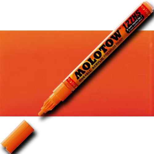Molotow 127203 Extra Fine Tip, 2mm, Acrylic Pump Marker, Dare Orange; Premium, versatile acrylic-based hybrid paint markers that work on almost any surface for all techniques; Patented capillary system for the perfect paint flow coupled with the Flowmaster pump valve for active paint flow control makes these markers stand out against other brands; EAN 4250397600062 (MOLOTOW127203 MOLOTOW 127203 M127203 ACRYLIC PUMP MARKER ALVIN DARE ORANGE)