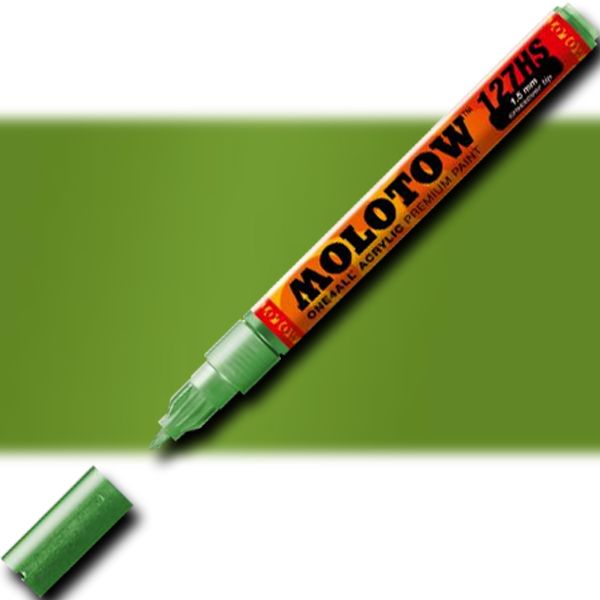Molotow 127504 Crossover Tip Acrylic Pump Marker, 1.5mm, Metallic Light Green; Premium, versatile acrylic-based hybrid paint markers that work on almost any surface for all techniques; Patented capillary system for the perfect paint flow coupled with the Flowmaster pump valve for active paint flow control makes these markers stand out against other brands; EAN 4250397610290 (MOLOTOW127504 MOLOTOW 127504 M127504 ACRYLIC MARKER 1.5mm METALLIC LIGHT GREEN)