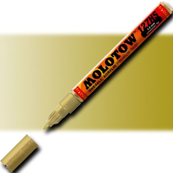 Molotow 127506 Crossover Tip Acrylic Pump Marker, 1.5mm, Metallic Gold; Premium, versatile acrylic-based hybrid paint markers that work on almost any surface for all techniques; Patented capillary system for the perfect paint flow coupled with the Flowmaster pump valve for active paint flow control makes these markers stand out against other brands; EAN 4250397610313 (MOLOTOW127506 MOLOTOW 127506 M127506 ACRYLIC MARKER 1.5mm METALLIC GOLD)