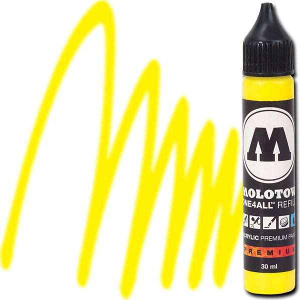 Molotow 693006 Acrylic Marker Refill, 30ml, Zinc Yellow; Premium, versatile acrylic-based hybrid paint markers that work on almost any surface for all techniques; Patented capillary system for the perfect paint flow coupled with the Flowmaster pump valve for active paint flow control makes these markers stand out against other brands; All markers have refillable tanks with mixing balls; EAN 4250397601649 (MOLOTOW693006 MOLOTOW 693006 ACRYLIC MARKER 30ML ZINC YELLOW)