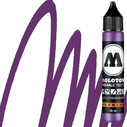 Molotow 693042 Acrylic Marker Refill, 30ml, Violet HD Currant; Premium, versatile acrylic-based hybrid paint markers that work on almost any surface for all techniques; Patented capillary system for the perfect paint flow coupled with the Flowmaster pump valve for active paint flow control makes these markers stand out against other brands; All markers have refillable tanks with mixing balls; EAN 4250397601700 (MOLOTOW693042 MOLOTOW 693042 ACRYLIC MARKER 30ML VIOLET HD CURRANT)
