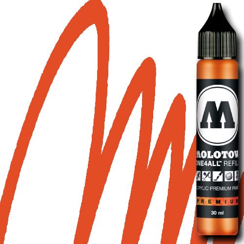 Molotow 693085 Acrylic Marker Refill, 30ml, Dare Orange; Premium, versatile acrylic-based hybrid paint markers that work on almost any surface for all techniques; Patented capillary system for the perfect paint flow coupled with the Flowmaster pump valve for active paint flow control makes these markers stand out against other brands; All markers have refillable tanks with mixing balls; EAN 4250397601724 (MOLOTOW693085 MOLOTOW 693085 ACRYLIC MARKER 30ML DARE ORANGE)