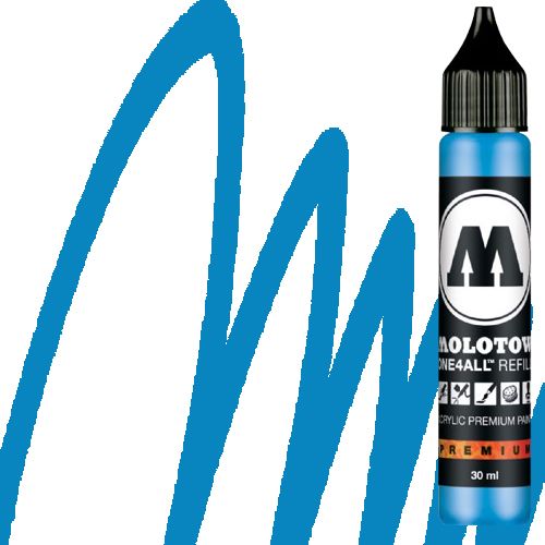 Molotow 693161 Acrylic Marker Refill, 30ml, Shock Blue Middle; Premium, versatile acrylic-based hybrid paint markers that work on almost any surface for all techniques; Patented capillary system for the perfect paint flow coupled with the Flowmaster pump valve for active paint flow control makes these markers stand out against other brands; All markers have refillable tanks with mixing balls; EAN 4250397601823 (MOLOTOW693161 MOLOTOW 693161 ACRYLIC MARKER 30ML SHOCK BLUE MIDDLE)