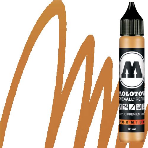 Molotow 693208 Acrylic Marker Refill, 30ml, Ochre Brown Light; Premium, versatile acrylic-based hybrid paint markers that work on almost any surface for all techniques; Patented capillary system for the perfect paint flow coupled with the Flowmaster pump valve for active paint flow control makes these markers stand out against other brands; All markers have refillable tanks with mixing balls; EAN 4250397601922 (MOLOTOW693208 MOLOTOW 693208 ACRYLIC MARKER 30ML OCHRE BROWN LIGHT)