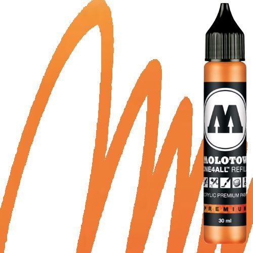 Molotow 693218 Acrylic Marker Refill, 30ml, Neon Orange Fluorescent; Premium, versatile acrylic-based hybrid paint markers that work on almost any surface for all techniques; Patented capillary system for the perfect paint flow coupled with the Flowmaster pump valve for active paint flow control makes these markers stand out against other brands; All markers have refillable tanks with mixing balls; EAN 4250397601953 (MOLOTOW693218 MOLOTOW 693218 ACRYLIC MARKER 30ML NEON ORANGE FLUORESCENT)