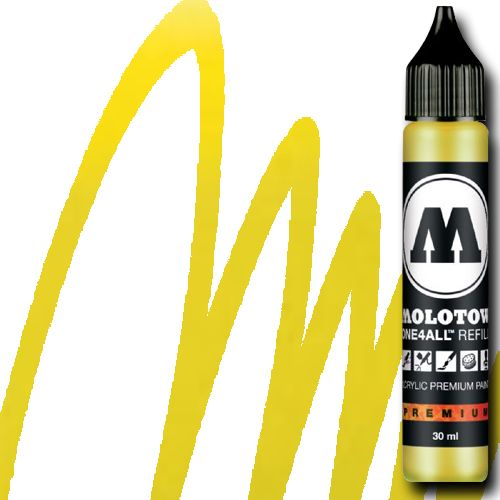 Molotow 693220 Acrylic Marker Refill, 30ml, Neon Yellow Fluorescent; Premium, versatile acrylic-based hybrid paint markers that work on almost any surface for all techniques; Patented capillary system for the perfect paint flow coupled with the Flowmaster pump valve for active paint flow control makes these markers stand out against other brands; All markers have refillable tanks with mixing balls; EAN 4250397601977 (MOLOTOW693220 MOLOTOW 693220 ACRYLIC MARKER 30ML NEON YELLOW FLUORESCENT)