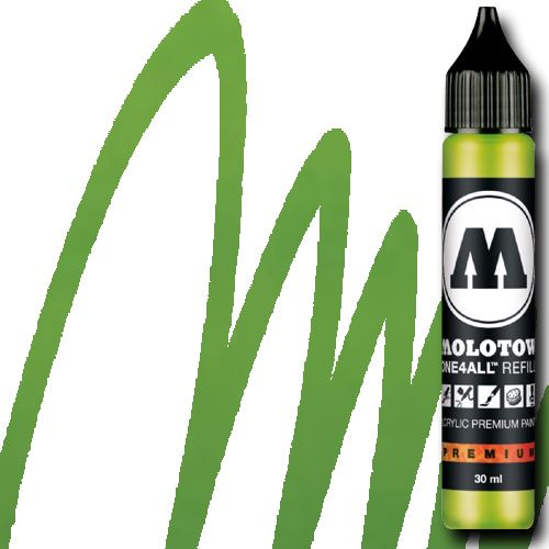 Molotow 693221 Acrylic Marker Refill, 30ml, Grasshopper; Premium, versatile acrylic-based hybrid paint markers that work on almost any surface for all techniques; Patented capillary system for the perfect paint flow coupled with the Flowmaster pump valve for active paint flow control makes these markers stand out against other brands; All markers have refillable tanks with mixing balls; EAN 4250397601984 (MOLOTOW693221 MOLOTOW 693221 ACRYLIC MARKER 30ML GRASSHOPPER)