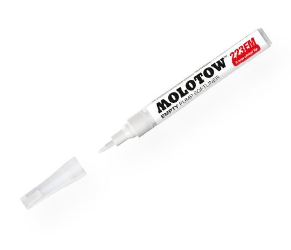 MOLOTOW M211012 Empty Chisel Marker; Mix colors from Molotow refills then fill into these for custom marker colors; Adding water creates transparent effects; Shipping Weight 0.04 lb; Shipping Dimensions 6.25 x 0.6 x 0.6 in; EAN 4250397611259 (MOLOTOWM211012 MOLOTOW-M211012 DRAWING MARKER)