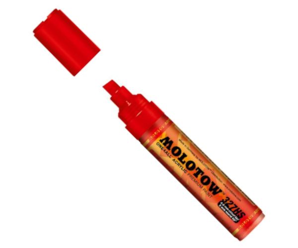 Molotow M327552 Chisel 4-8mm Tip Acrylic Pump Marker, Traffic Red; Premium, versatile acrylic based hybrid paint markers that work on almost any surface for all techniques; Patented capillary system for the perfect paint; Coupled with  Flowmaster pump valve for active paint flow control; Dimensions 4.75 x 0.75 x 0.75 in; Weight 0.07  lb;  EAN 4250397607016 (M327552 M-327552  MARKER-M327552 MOLOTOWM327552 MOLOTOW)