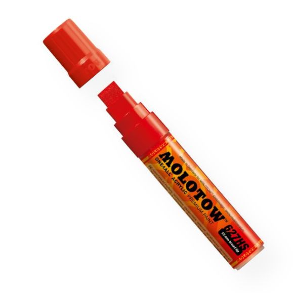 MOLOTOW M627202 15mm Wide Tip Acrylic Pump Marker Traffic Red; Premium, versatile acrylic-based hybrid paint markers that work on almost any surface for all techniques; Patented capillary system for the perfect paint flow coupled with the Flowmaster pump valve for active paint flow control makes these markers stand out against other brands; All markers have refillable tanks with mixing balls; EAN 4250397601120 (MOLOTOWM627202 MOLOTOW-M627202 MARKER DRAWING)
